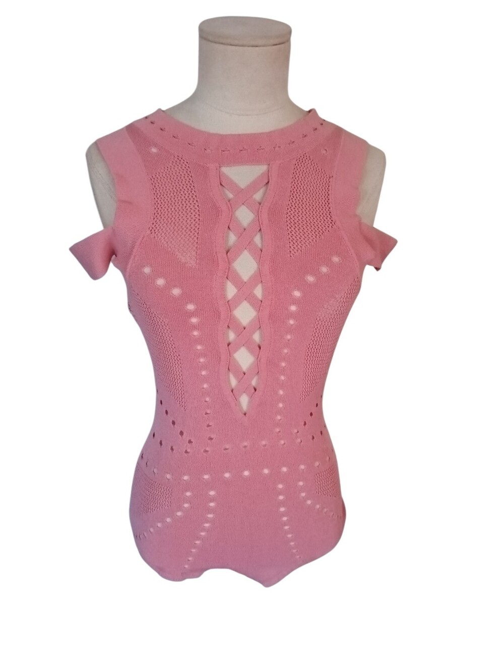 WOW Couture Peach Crisscross Lace Up Front Shoulder Cutouts Snap Bodysuit Size S